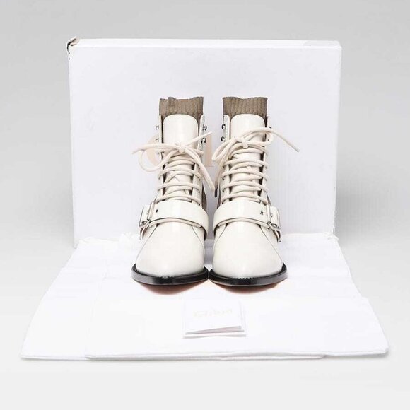 Chloe White Leather Green Knit Lace Up Rylee Ankle Boots Size 9.5/40 - Picture 2 of 5